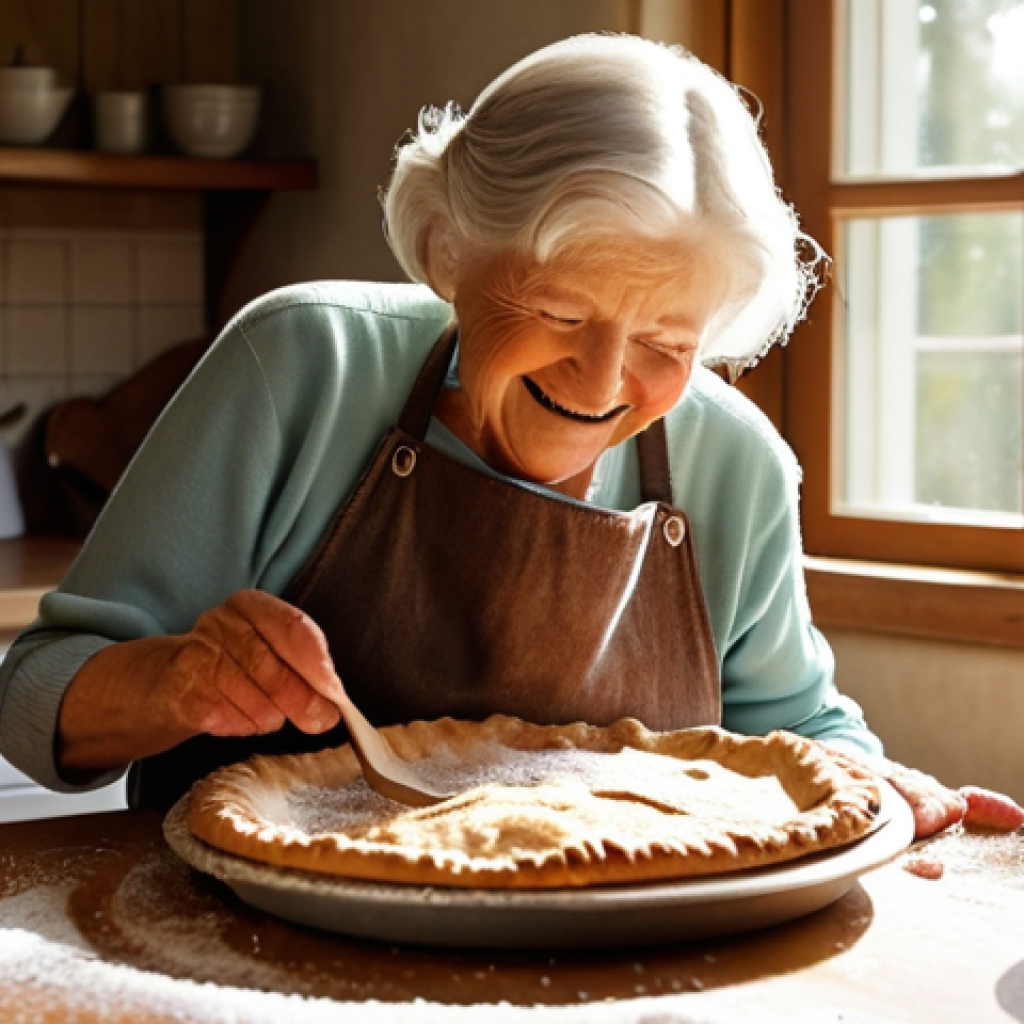 **A cozy kitchen scene:** A grandmother (Mormor) smiles warmly while teaching her granddaughter how to make apple pie. Flour dusts their faces, and the kitchen is filled with the aroma of baking. Sunlight streams through the window, illuminating traditional Swedish kitchenware. Focus on the love and connection between generations through food.