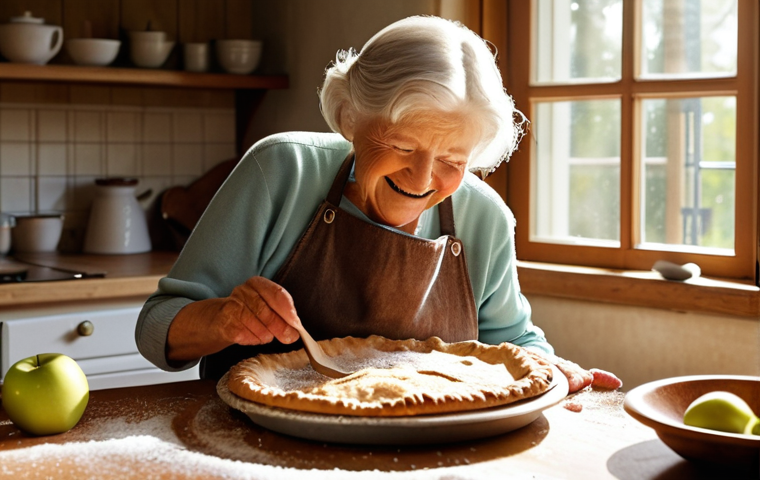 **A cozy kitchen scene:** A grandmother (Mormor) smiles warmly while teaching her granddaughter how to make apple pie. Flour dusts their faces, and the kitchen is filled with the aroma of baking. Sunlight streams through the window, illuminating traditional Swedish kitchenware. Focus on the love and connection between generations through food.